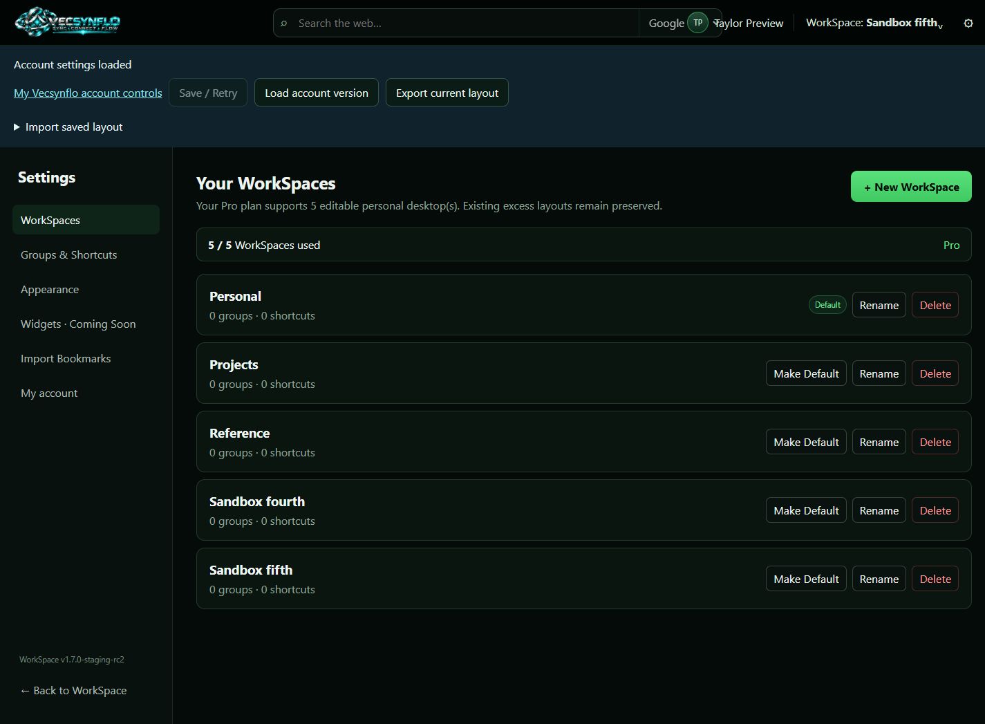 Actual WorkSpace desktop manager showing five saved personal desktops on the Pro plan