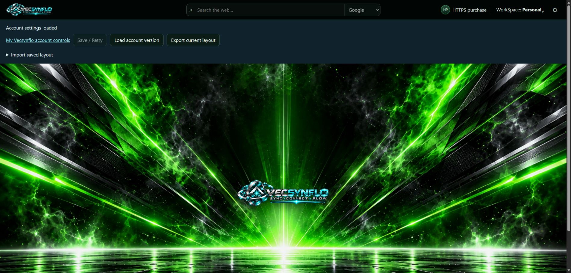 Actual WorkSpace personal launcher showing account settings loaded and a green desktop background