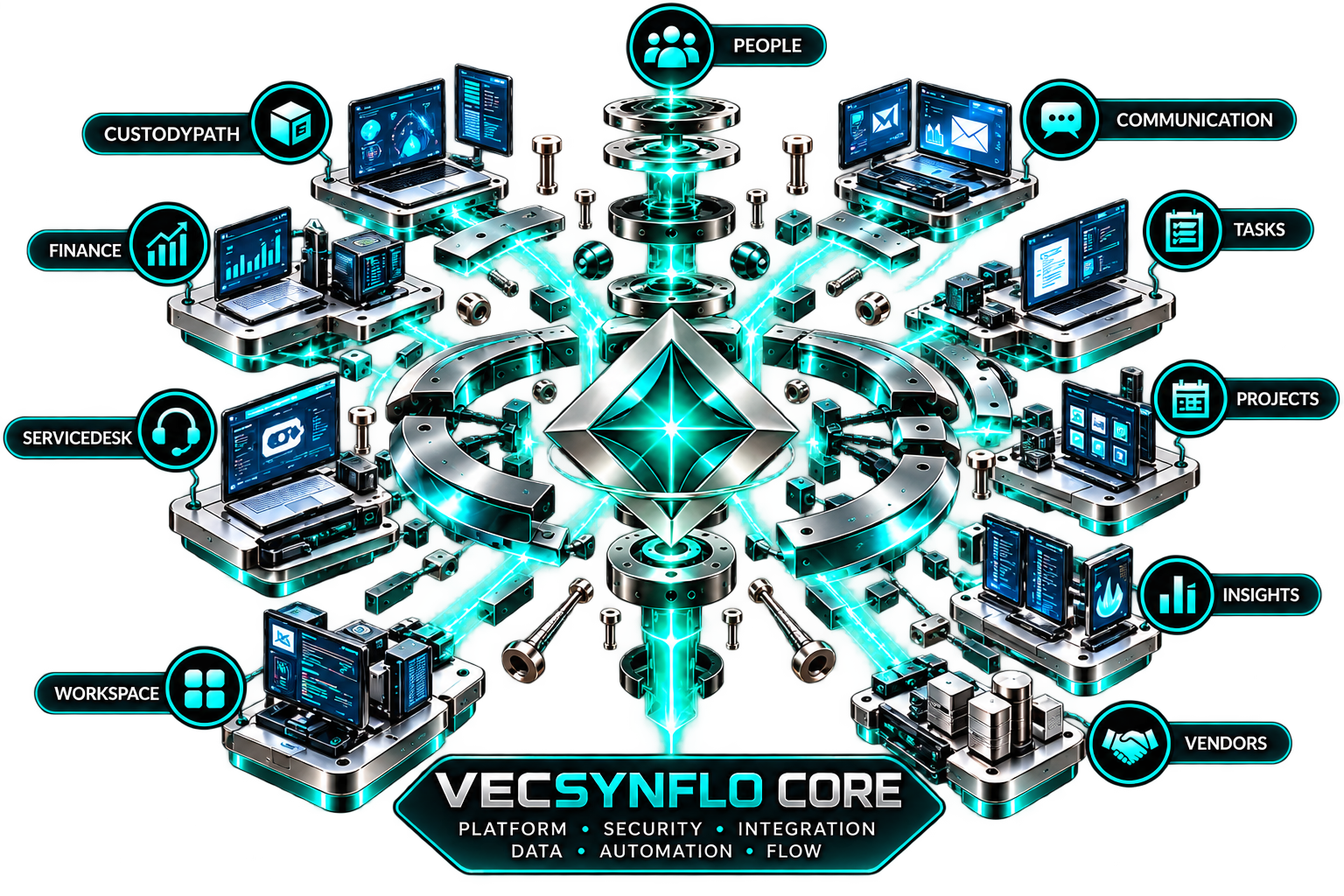 Exploded Vecsynflo ecosystem architecture showing Vecsynflo Core and connected business capabilities